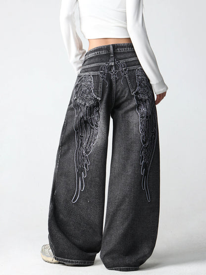 1 Pc American Retro Creative Wing Embroidered Women's High-Waisted Jeans, Fashionable And Versatile Slimming Wide-Leg Trousers