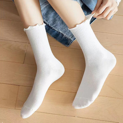 1/5 Pairs Women Ruffle Frilly Socks Black White Novelty Funny Ankle Socks Cute Solid Breathable Fashion Crew Socks
