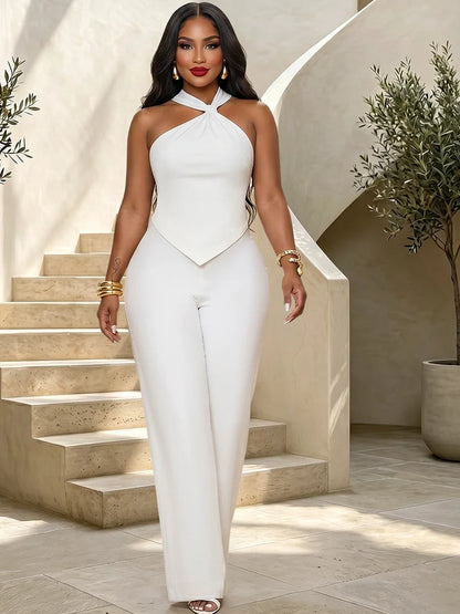 Kricesseen Sexy Solid Two Pieces Pant Set Women Halter Backless Bow Top And Loose Wide Leg Pants Suit Clubwear Outfit