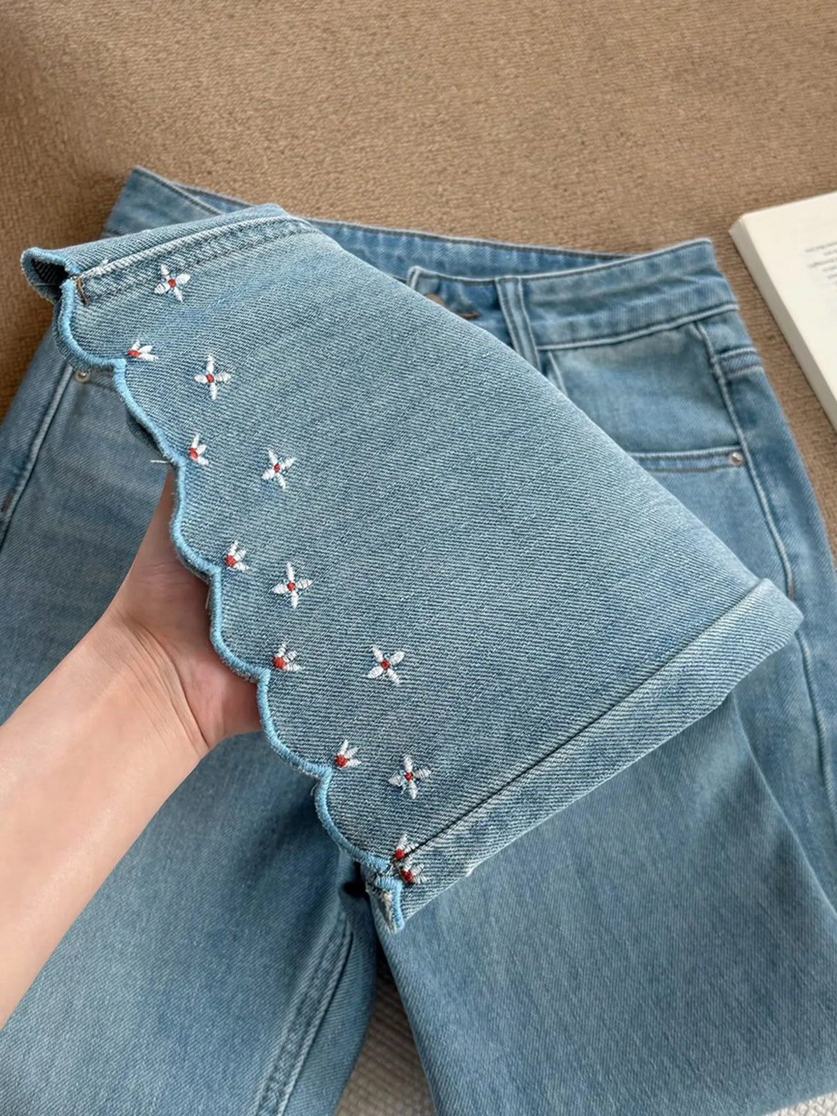 Blue Embroidered Floral Micro Flared Jean Women's Spring Summer High Waist Slim Denim Trousers Versatile Ankle-length Pants