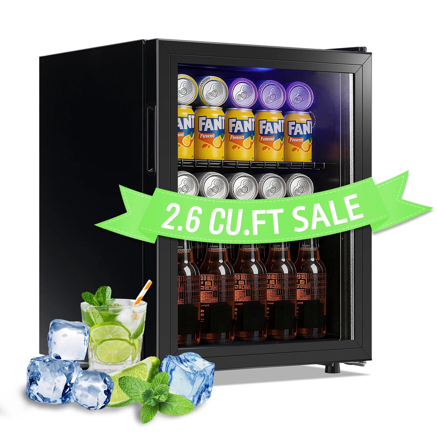 2.6 Cu.Ft Beverage Refrigerator Cooler, 100 Can Mini Fridge, Black | 32°F to 50°F, Compressor Cooling, Glass Door, 40 dB, Adjustable Temperature Control, 2 Shelves, Energy Efficient