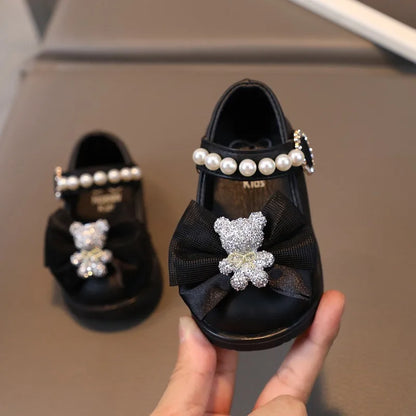 Baby Girl Leather Shoes Kids Bow Pearl Princess Shoes Shallow Soft Sole Cute First Walkers Infant Toddler Cartoon Single Shoes