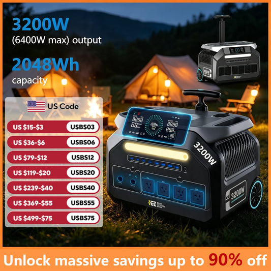 IEE P3200 Portable Power Station, 2048Wh LiFePO4 Solar Generator 3200W, Fast Charge for Home Backup Camping RV Emergency