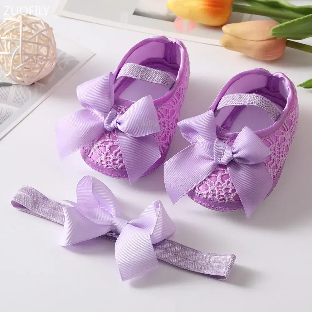 Spring Infant Baby Girl Shoes Newborn Lace Flowers Headband Anti-Slip Soft Sole First Walkers Toddler Kids Cotton Baptism Shoes