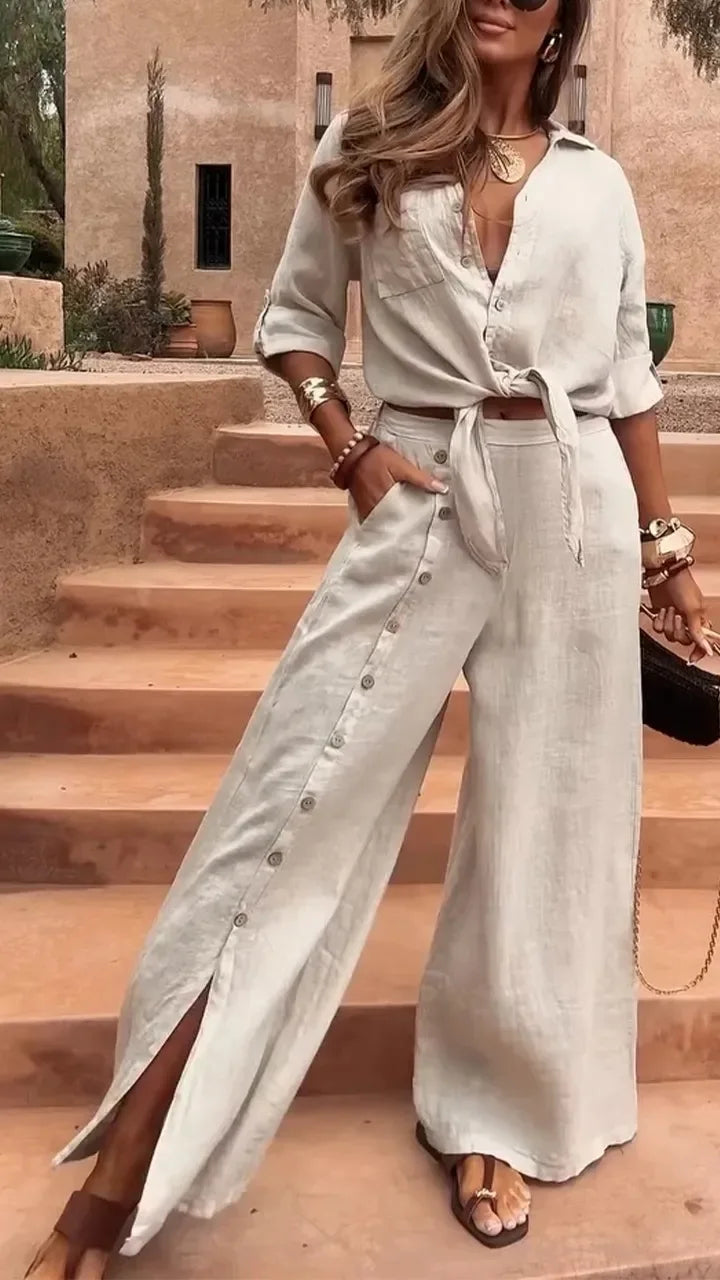 2026 New Fashion Casual Irregular Two-piece Sets Loose Short-sleeved Mid-sleeve Shirt Blouse Button-down Wide-leg Pants Suits