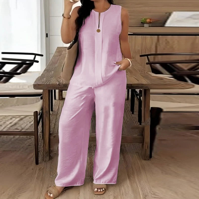 Summer O Neck Button Vest Shirt Wide Leg Pants Suit Women Casual Two Piece Set Solid Color Comfortable Holiday Outfits White