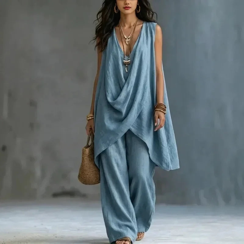Fashion Summer Sexy Loose Solid color Linen 2 Piece Set Draped Sleeveless Top High Waist Wide Leg Pants Outfit Vacation Women