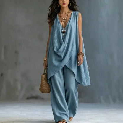 Fashion Summer Sexy Loose Solid color Linen 2 Piece Set Draped Sleeveless Top High Waist Wide Leg Pants Outfit Vacation Women
