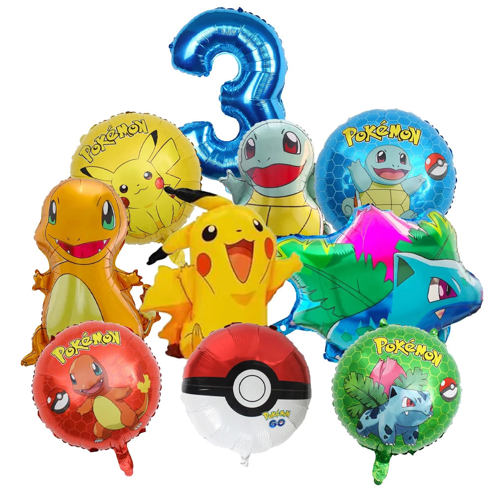 10pcs Cartoon Pokemon Pikachu Themed Aluminum Foil Balloons - Ideal for Charmander Squirtle Bulbasaur Birthday Party Supplies!