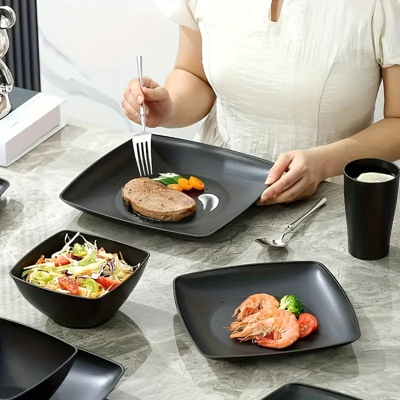16/32 Square Plate Salad Bowl Tableware Set, Square Plate Bowl Cup, Dishwasher Washable