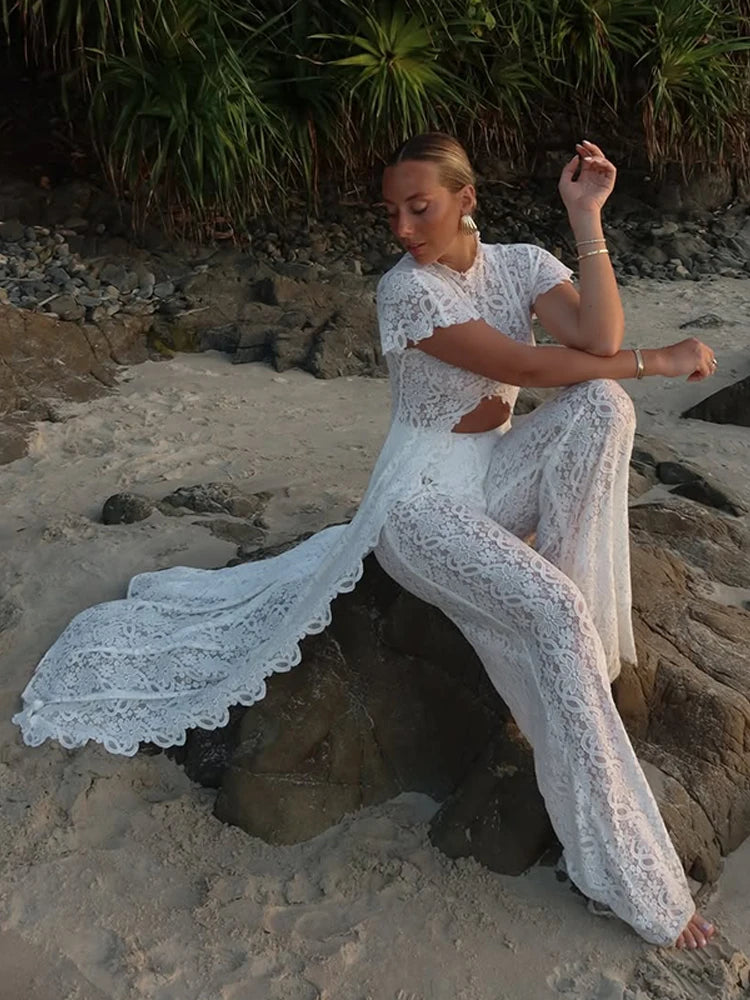 Fashion Lace Solid Women's Shirt Pant Set See Through Short Sleeve Long Tops Straight Trousers 2026 Summer Chic Female Suits