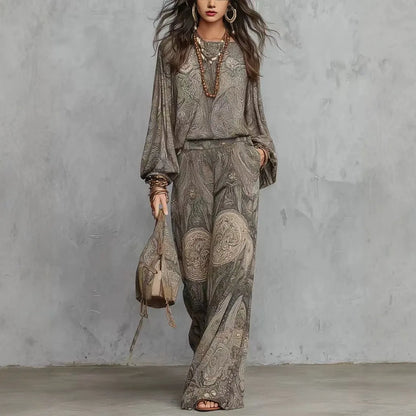 Boho Paisley Print Two-Piece Set for Women Sexy V-Neck Long Sleeve Blouse Top Wide Leg Pants Summer Casual Loose Suit Female Set