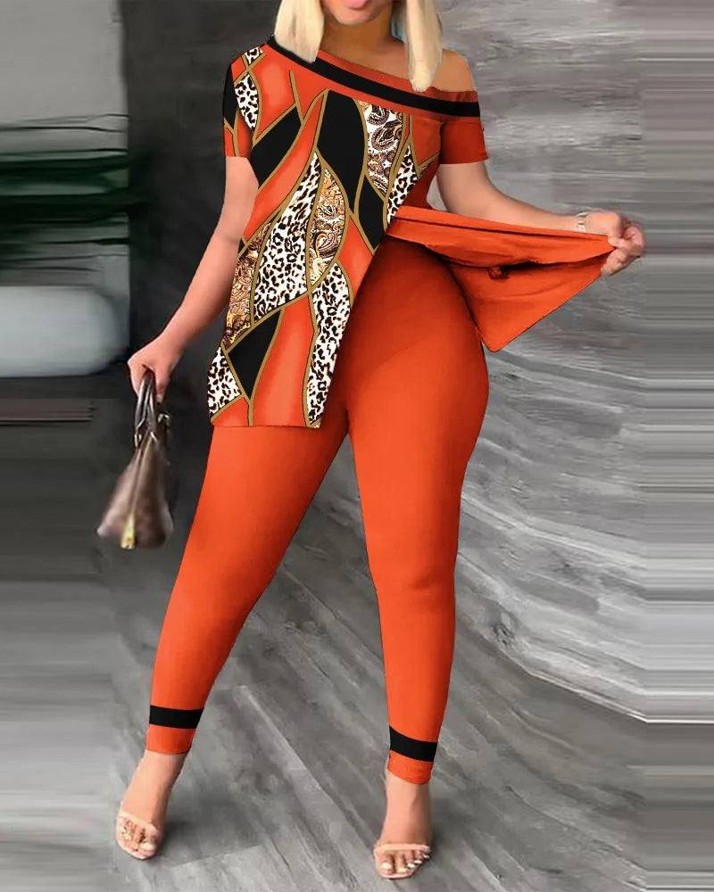 Womens Two Peice Sets Summer Fashion Print Short Sleeve Suit Set Femme Casual Sporty 2Pce One-Shoulder Split Hem Tops &Pants Set