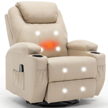 Recliner Chair with Massage and Heat, 360° Swivel Rocking Chairs for Adults, Remote Control and Cup Holder for Living Room