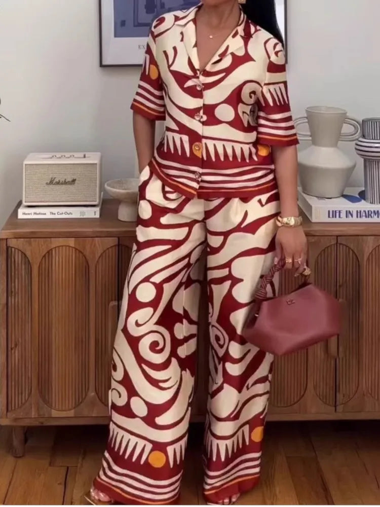 New Fashion Printed Two-piece Set Women's Short-sleeved Lapel Top High-waisted Wide-leg Pants Set Temperament Elegant Clothing