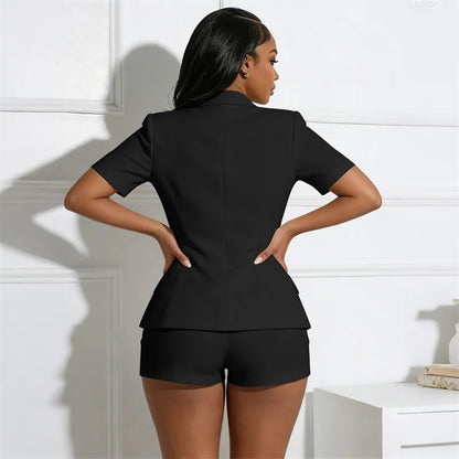 Doyerl Elegant 2 Pieces Set for Woman Outfit Business Workwear Office Lady Notched Double-breasted Blazer Top and Short Suits