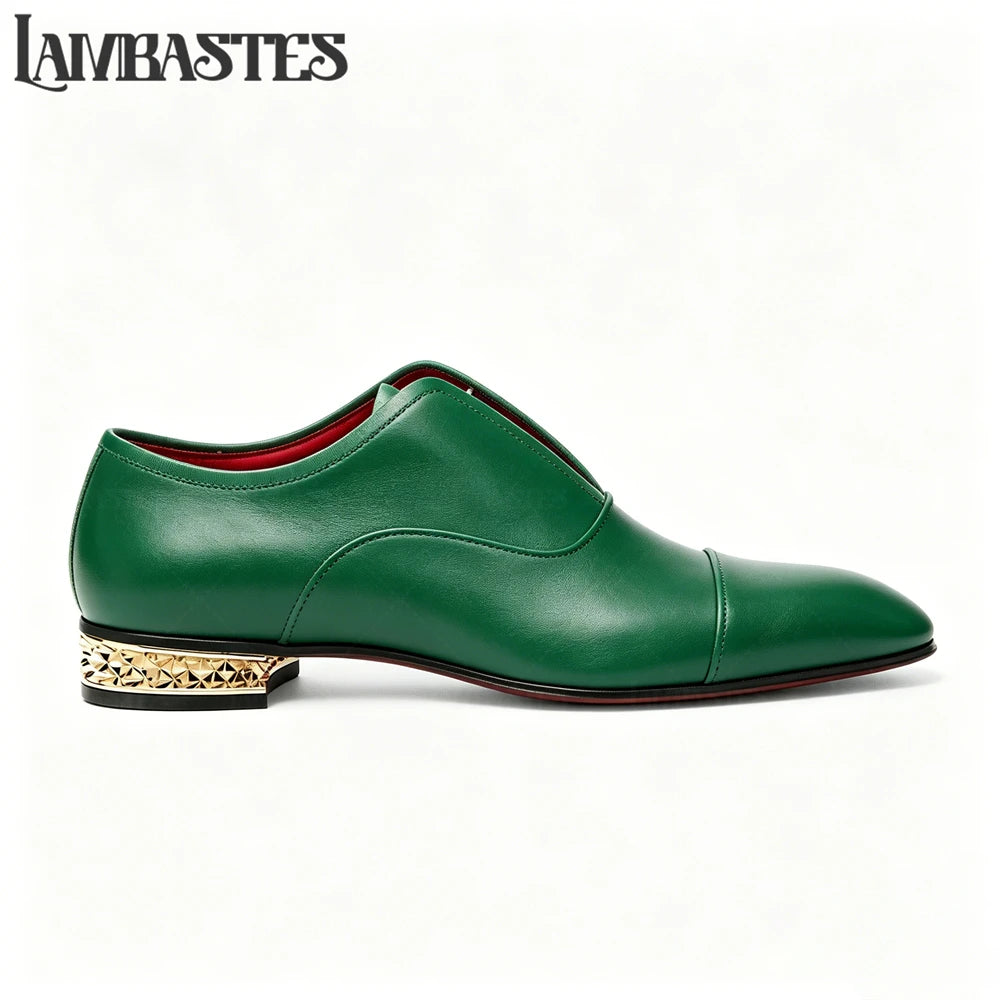 Gold Geometric Heel Patent Leather Mens Loafers Polished Glossy Upper Red Lining Formal Dress Shoes Embossed Gold Heel Loafers