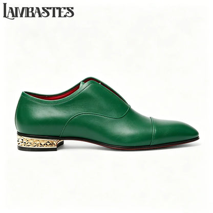 Gold Geometric Heel Patent Leather Mens Loafers Polished Glossy Upper Red Lining Formal Dress Shoes Embossed Gold Heel Loafers