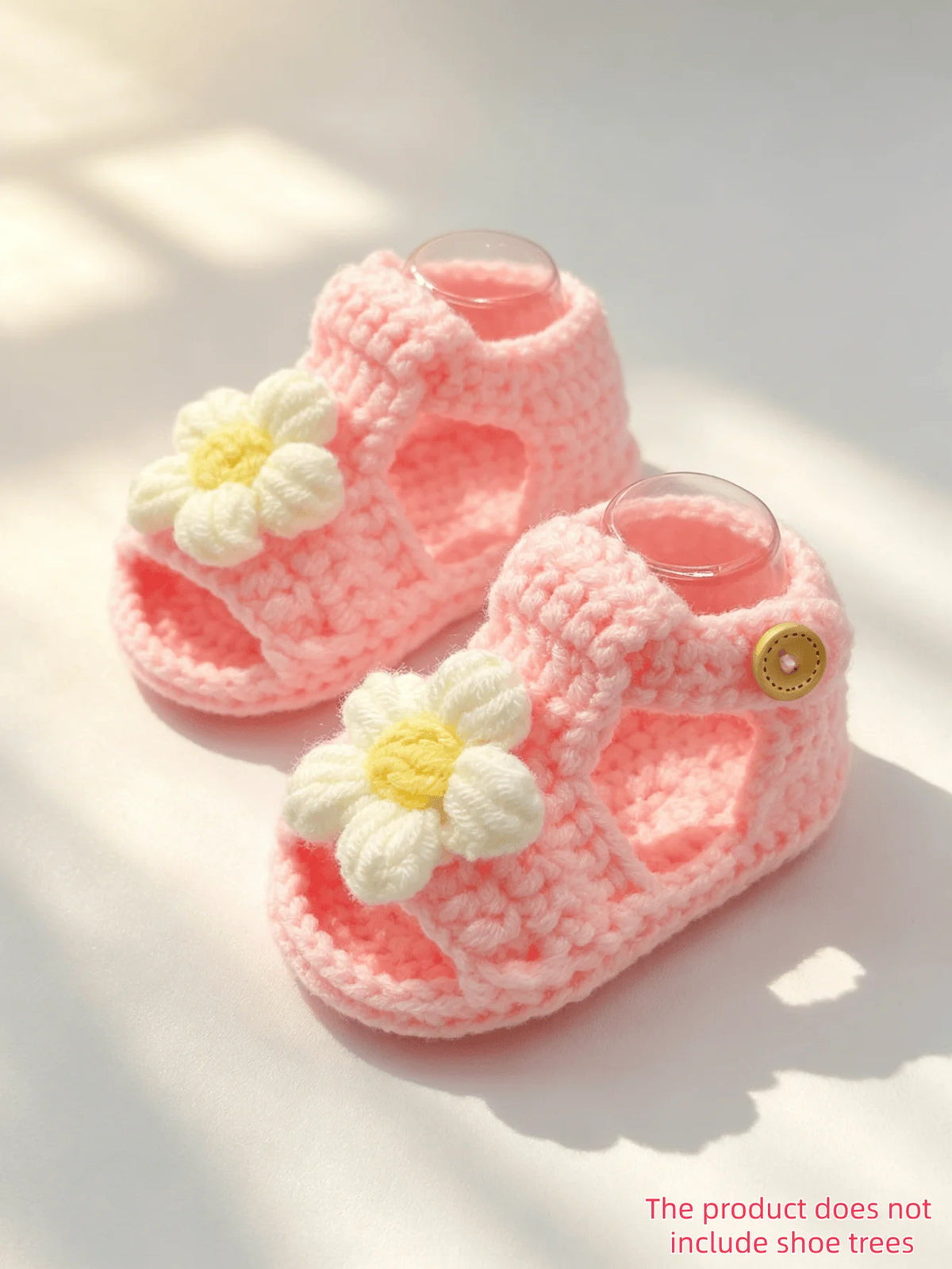 1 Pair Crochet Baby Girl Sandal Booties, Pink, Daisy Flower Accent with Button Strap, Infant Shoes