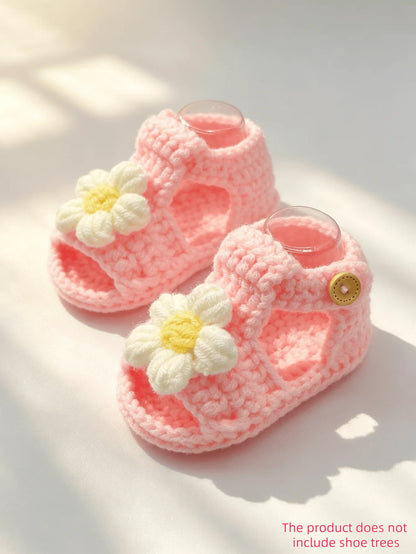 1 Pair Crochet Baby Girl Sandal Booties, Pink, Daisy Flower Accent with Button Strap, Infant Shoes