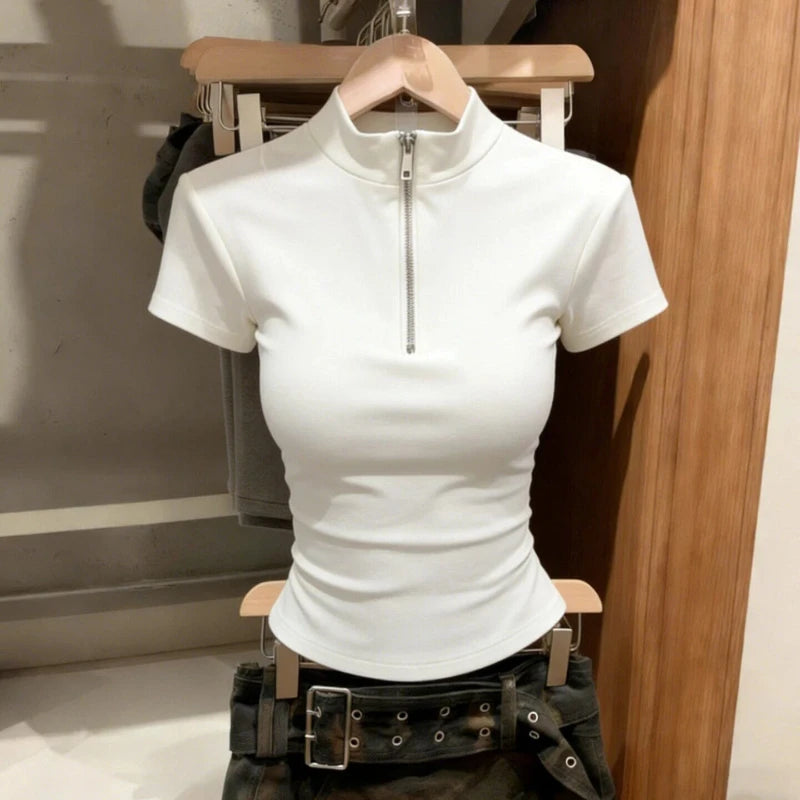 High Street Slim Zipper Patchwork Simplicity Tops Summer New Short Sleeve All-match Korean T Shirts Fashion Trend Women Clothing