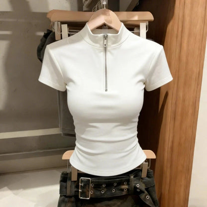 High Street Slim Zipper Patchwork Simplicity Tops Summer New Short Sleeve All-match Korean T Shirts Fashion Trend Women Clothing