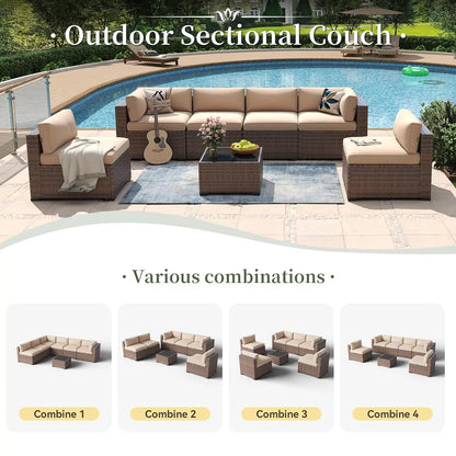 7 Piece Patio Furniture Set Wicker Rattan Patio Conversation Set Outdoor Sectional Sofa Set with Coffee Table and, Customized