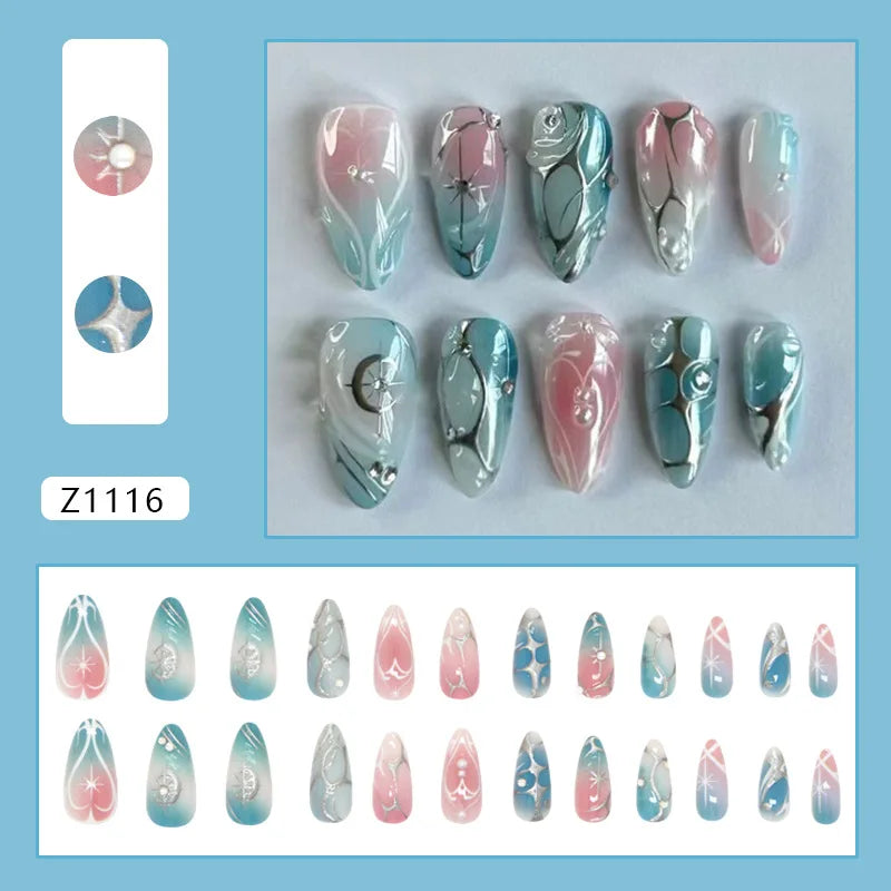 24pcs Red Star Print Fake Nails Sweet Cool Short Almond Press on Nail for Women Wearable Detachable Ins Spice Girl False Nails