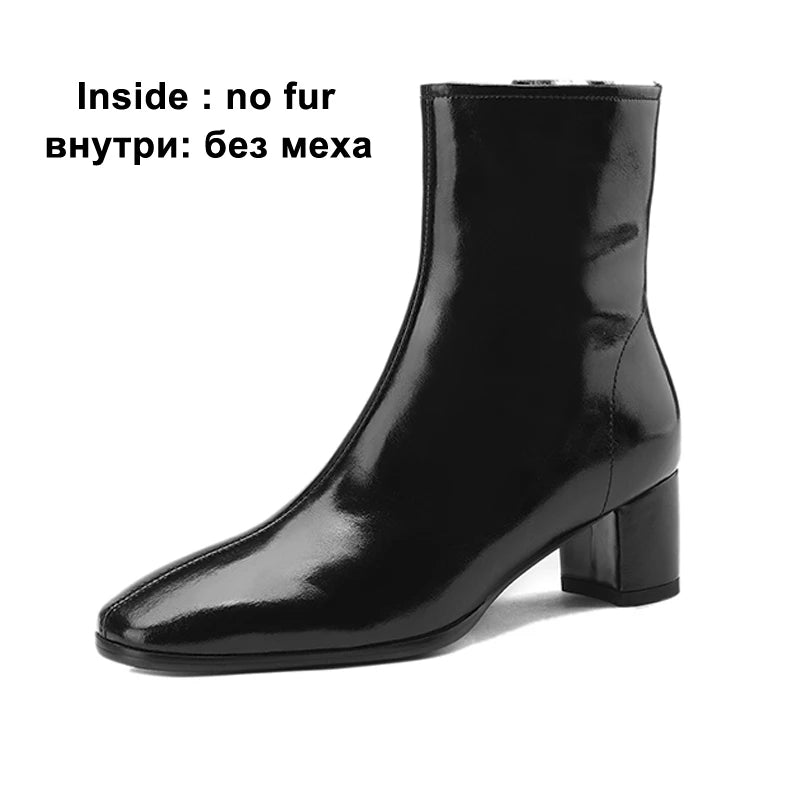 Meotina Women Genuine Leather Ankle Fur Wool Boots Round Toe Thick Mid Heel Zipper Ladies Fashion Short Boot Autumn Winter Shoes