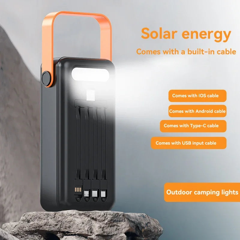 100000mAh Power Bank Portable Charger with Solar Panel, Fast Charging External Battery Pack, 4 Cables, Flashlight