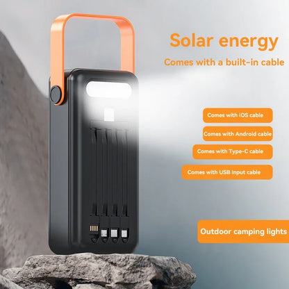 100000mAh Power Bank Portable Charger with Solar Panel, Fast Charging External Battery Pack, 4 Cables, Flashlight