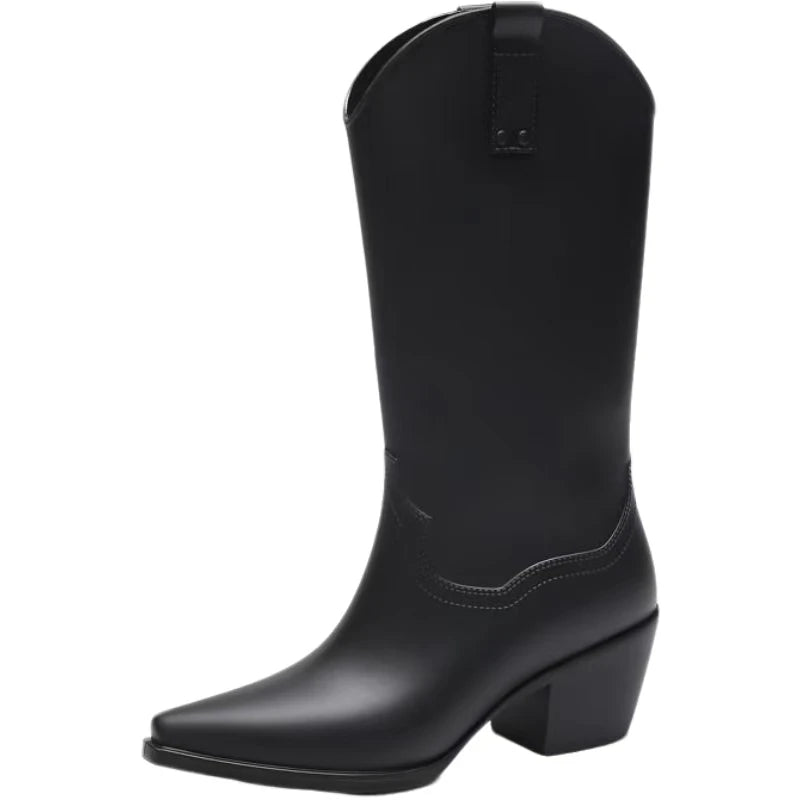 Women New Block Heel High Top Rain Boots Four Seasons Thick Sole Waterproof Non Slip Outdoor Fashionable High Heel Water Shoes