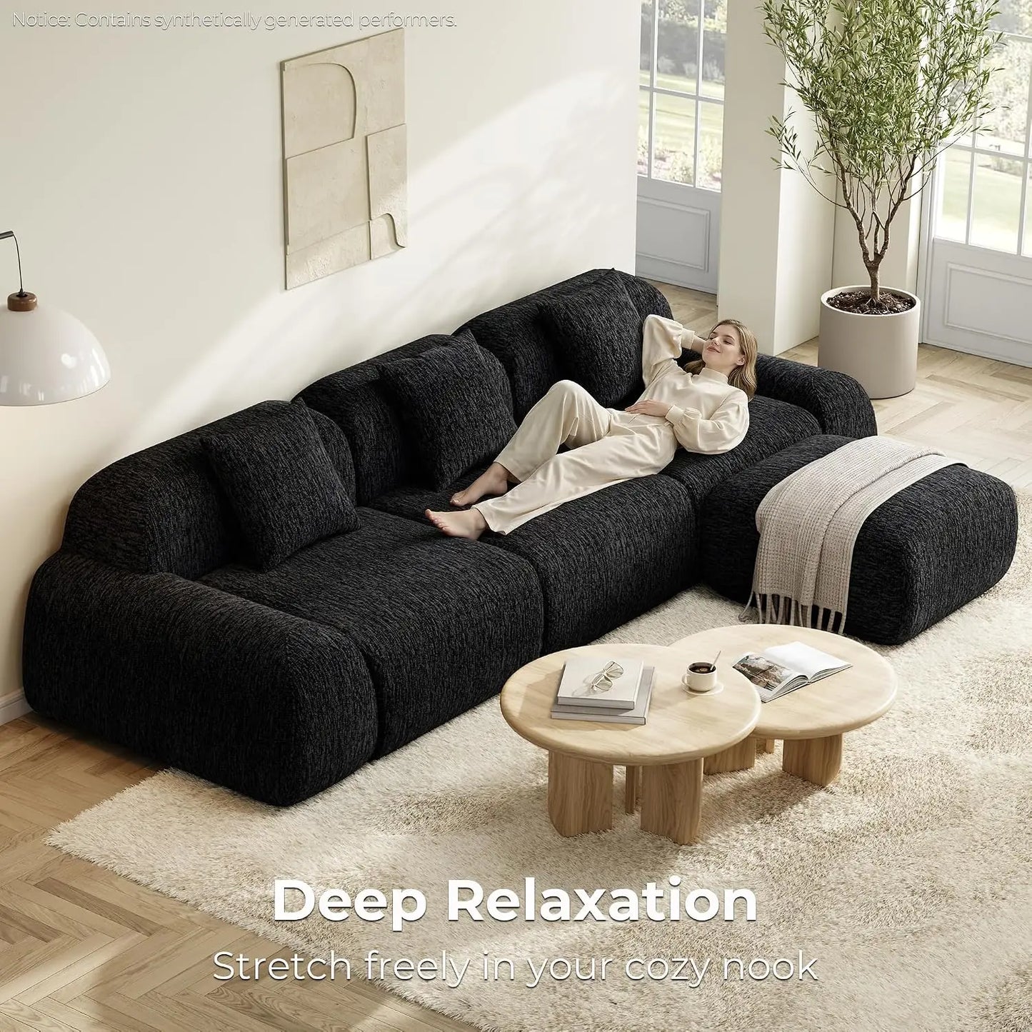 LumiPebble Black Boneless Couch with Ottoman, 110" Modern Deep Seat Sectional Sofa for Living Room, Modular, Customized