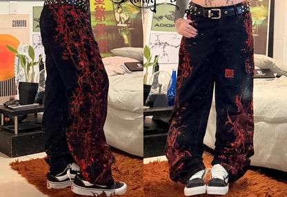 Y2K Gothic Punk Baggy Pants Women Red White Tribal Flame Print Wide Leg Trousers Vintage Grunge Streetwear Alt Clothing