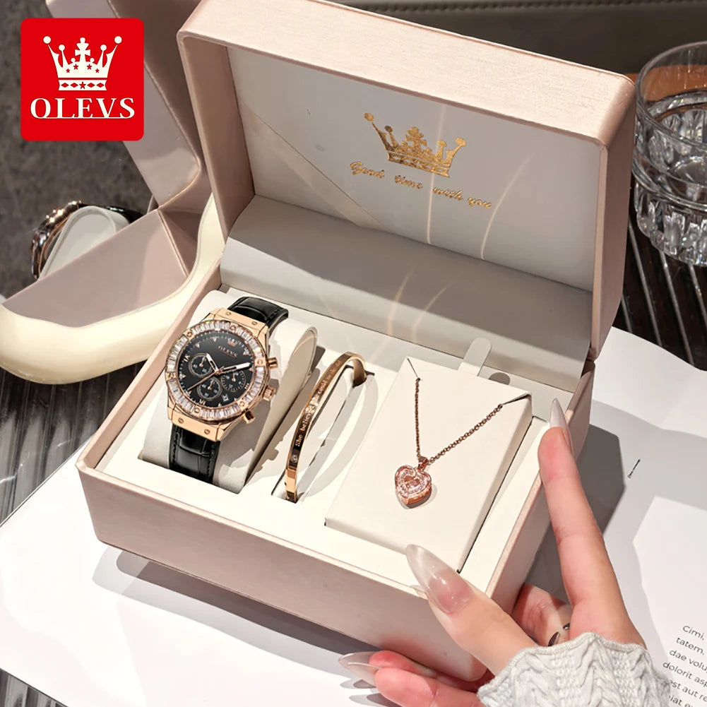 OLEVS 9978 Women Watch Original Quartz Watch Waterproof Leather Strap Multifunctional Chronograph Watch Bracelet Set Gifts Box
