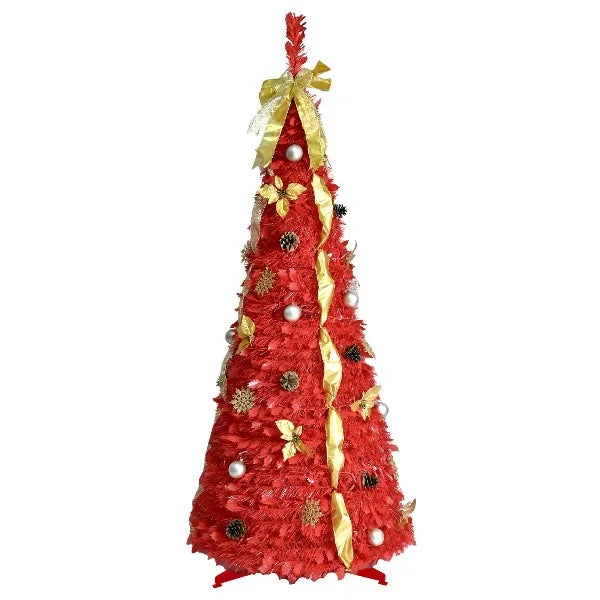 6FT Prelit Full Pop Up Christmas Tree with 150 Warm LED Lights, Gold and Red Ribbon, Bows, Balls Ornaments Easy Assemble Collapsible Xmas Trees Holiday Party Decor