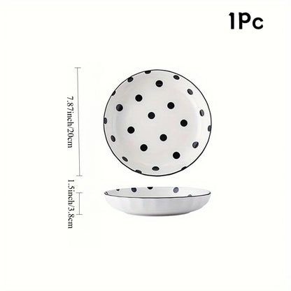 4Pcs Black Polka Dot Ceramic Plates Set,  Microwave Dishwasher Safe for Salad, Pasta, Dessert, Home Kitchen Tableware