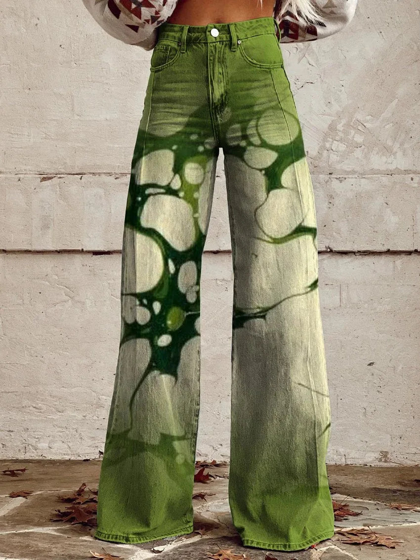 Women's 3D Printed Flare Jeans-Polyester Wide Leg Pants with Distressed Vintage Look, High Waist Comfort Fit for Street Fashion