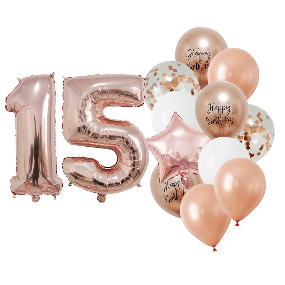 13 Pcs Rose Gold Mixed Balloons 32 Inch Foil Number Ball 10 11 12 13 14 15 Years Old Girls Birthday Party Decorations Supplies