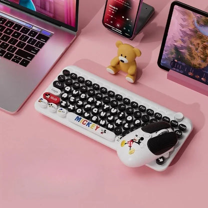 Mickey Bluetooth Wireless Keyboard and Mouse Set 84 Keys Cartoon Round Keycaps Mini Keyboard for Laptop Compute Gaming Office
