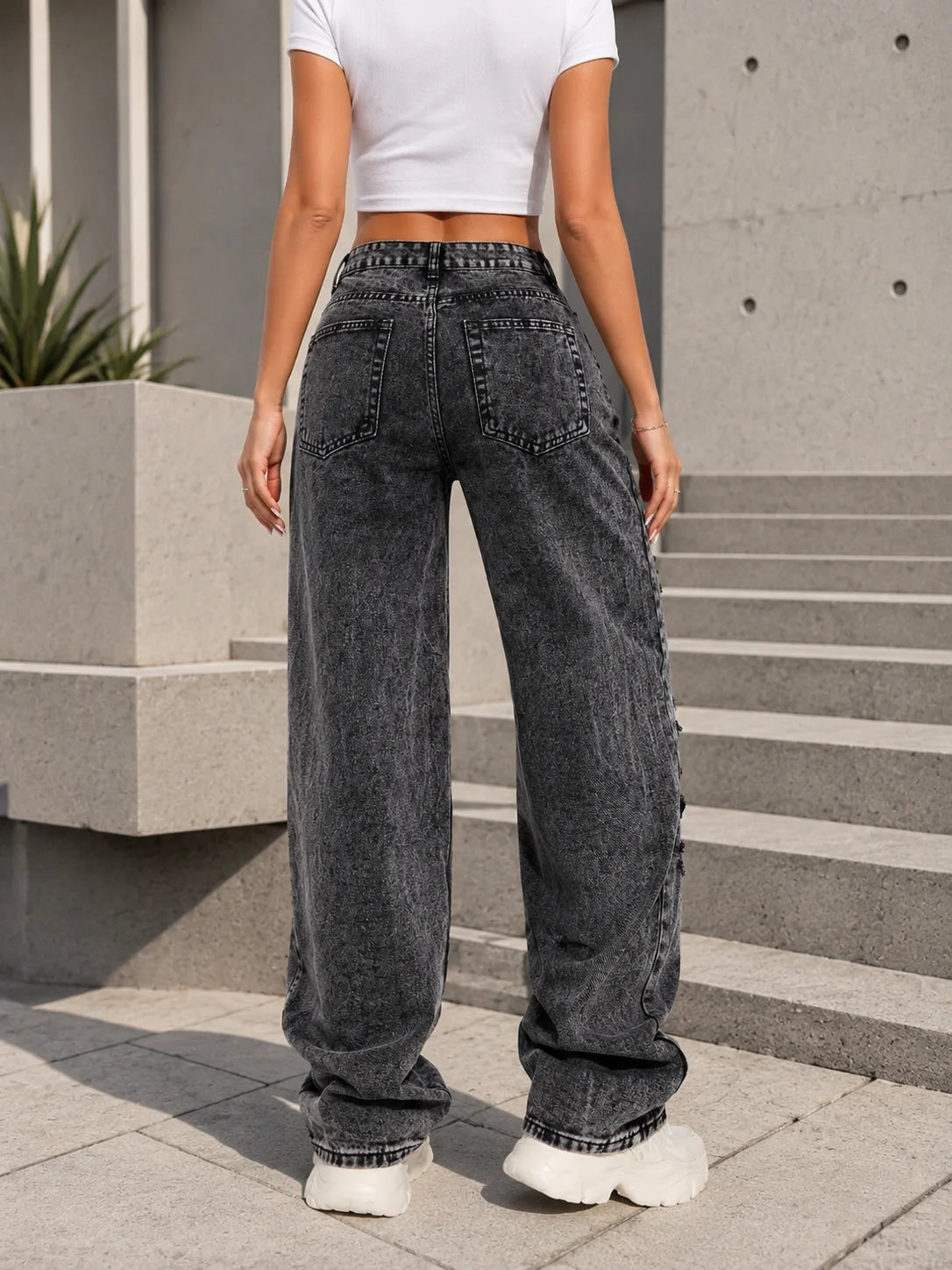 Y2K Rave Vintage High Waist Side Pocket Slit Straight Leg Jeans Casual Spring
