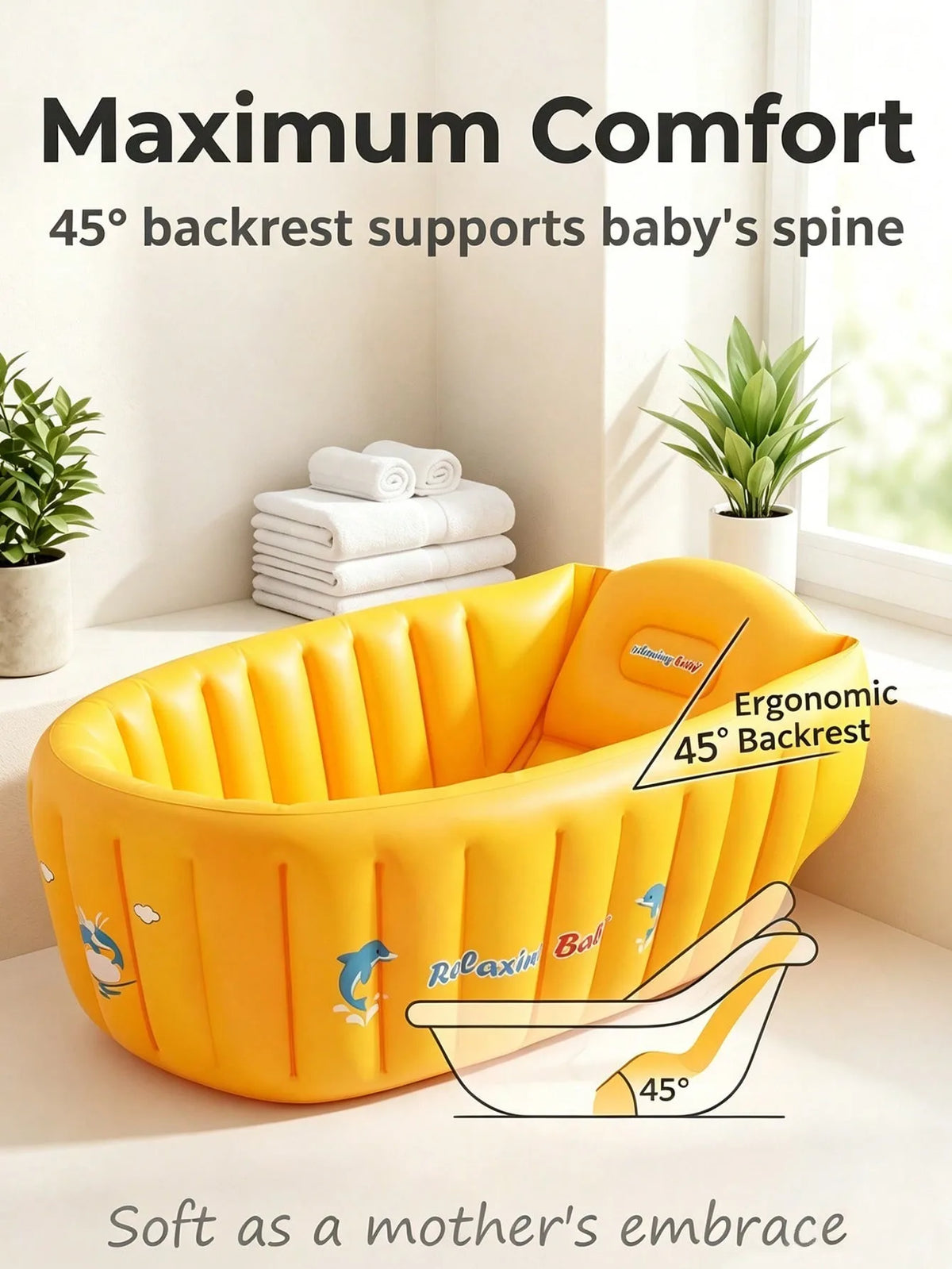 Yellow Inflatable Baby Bathtub Portable Foldable Non Slip Newborn Blow Up Bath Tub Toddler Swimming Pool Travel Shower Basin Air Padding
