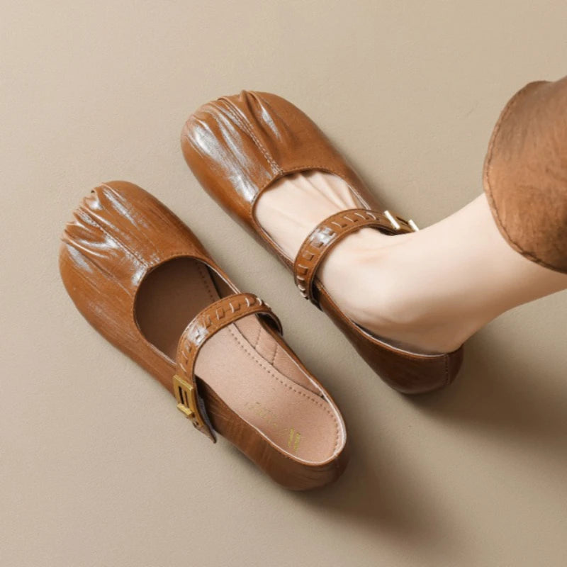 Pleated Retro Casual Flat Shoes Women Loafers Soft Sole Comfort Office Women Shoes Light Soft Leather Brand Ballet Flats Women