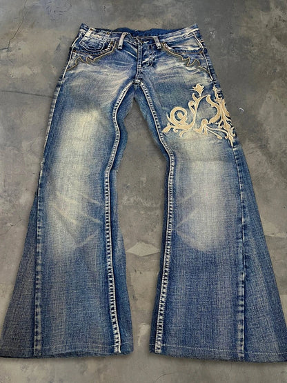 HOUZHOU Vintage Embroidery Patchwork Women Flared Jeans Y2k Harajuku Wide Leg American Style Denim Pants Baggy Punk Streetwear