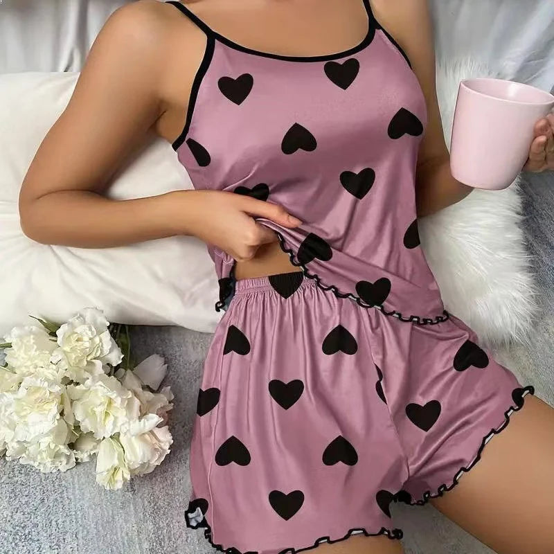Women's Pajama Set Pajamas T-Shirts Shorts Pink Heart-Shaped Print Round Neck T-Shirt Ice Silk Top Comfortable Casual Summer ﻿