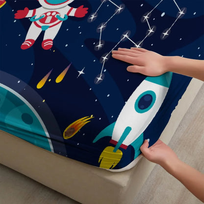 1pc Cartoon Space Astronaut Print Fitted Sheet Deep Pocket Elastic Mattress Cover Single Double Queen King Bedroom Decor
