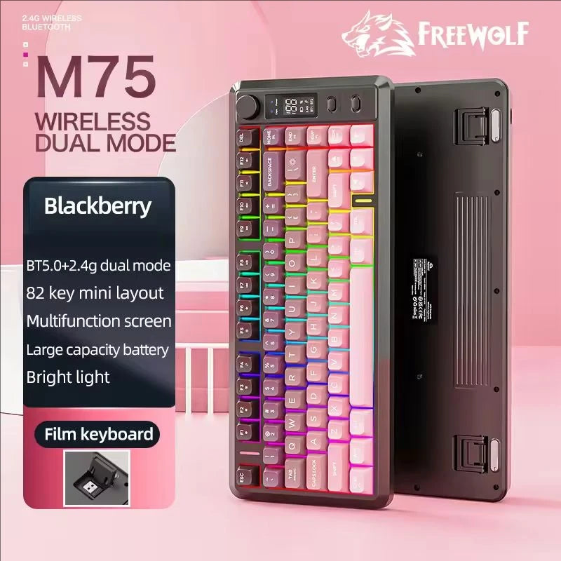 FREEWOLF M75 Wireless Keyboard, Bluetooth Dual-mode, PBT Gradient Ball Cap, With Display Screen, Gaming Keyboard