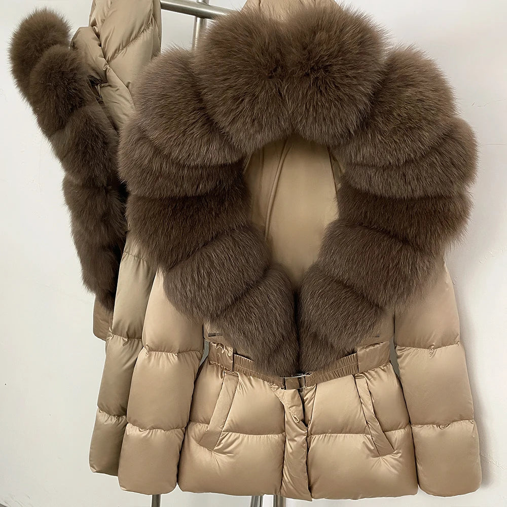 OFTBUY New Fashion Winter Clothes Women Duck Down Coat with Big Natural Fur Collar Belt Hooded Real Fox Fur Puffer Jacket Female