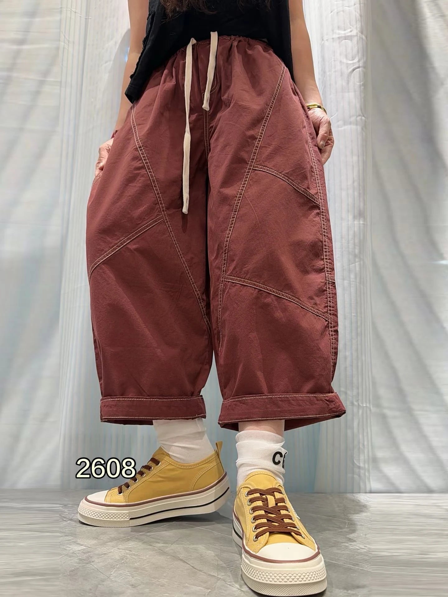 Patchwork Denim Washed Cotton Casual Pants Women Plus Size Loose Cropped Pants 2026 Spring Summer Denim Jeans JLJ522