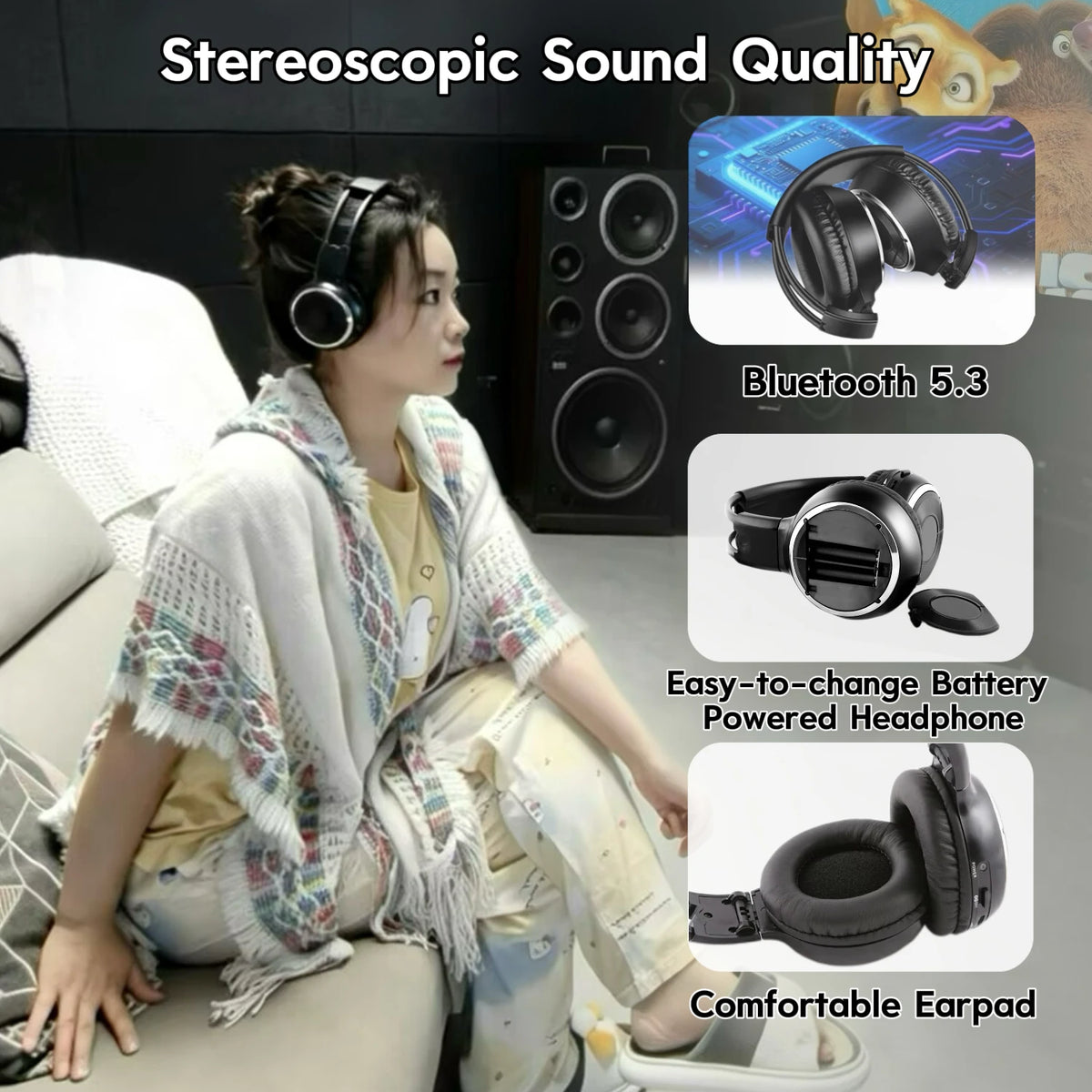 3 Channel Silent Disco Wireless Headphones Bundle with 500m Distance Transmitter for Entertainment Party